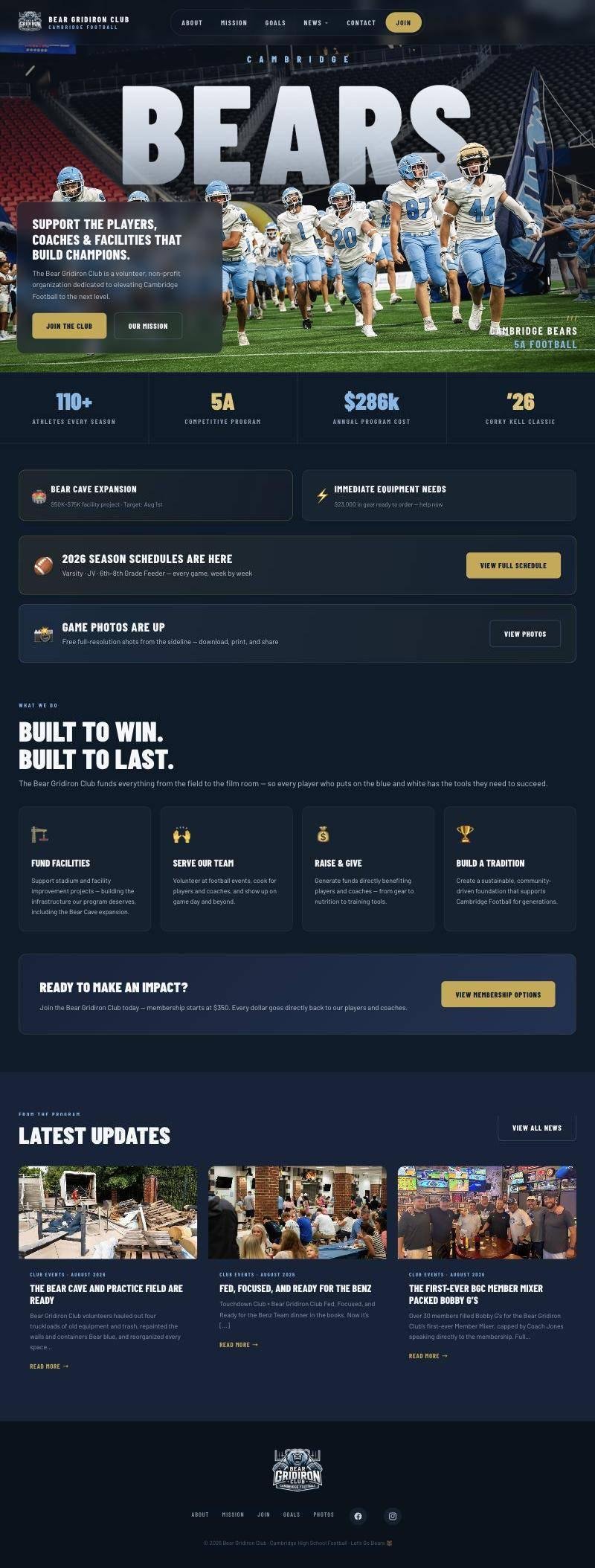 The Bear Gridiron Club homepage, top to bottom: hero, program numbers, season schedule, membership, and the latest news