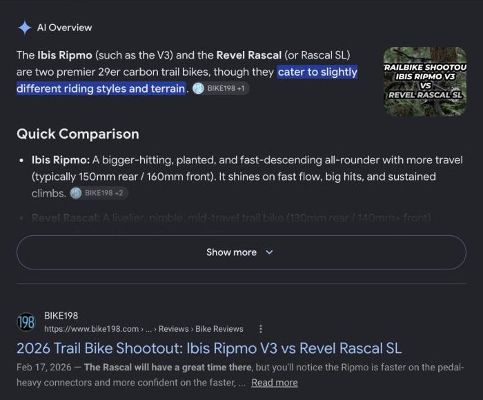 Google results for Revel Rascal vs Ibis Ripmo: the AI Overview cites Bike198, and Bike198's 2026 Trail Bike Shootout is the first result