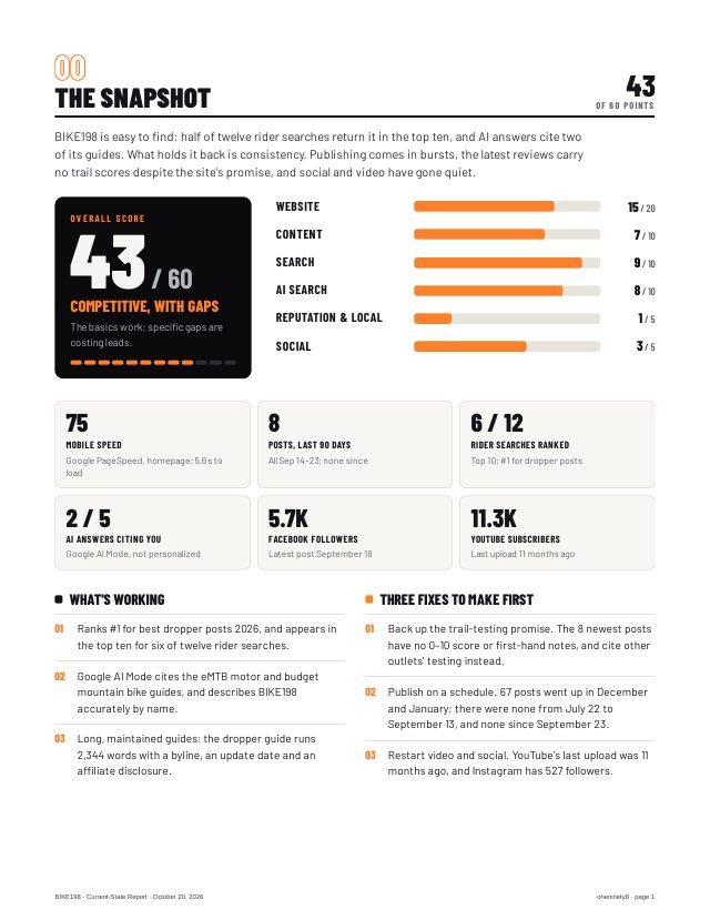 The snapshot: overall score, six area scores, what is working and three fixes